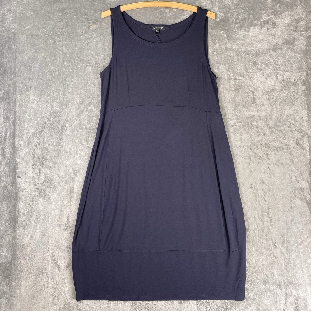 Eileen Fisher Dress Womens Sz M Navy Blue Lantern Bubble Midi Stretch Minimalist